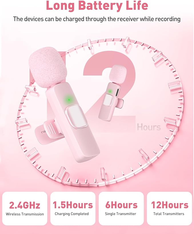 PoP voice USB C Pink Mini Microphone for iPhone 16/15/14/Android, Wireless Lavalier Microphone with Noise Reduction, Lapel Lav Mic for Vlog YouTube TikTok Recording, 12H, 65ft