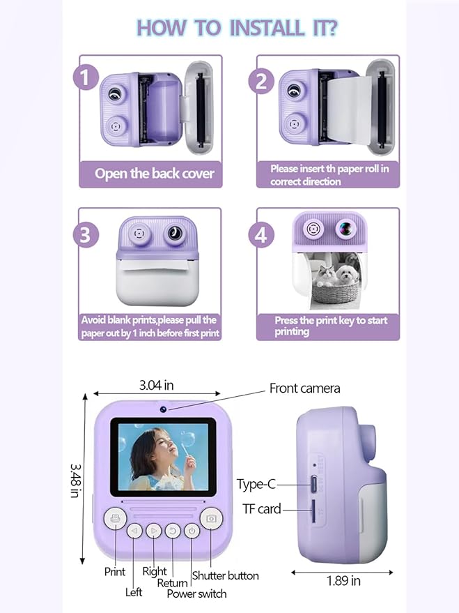 Dual-Lens Instant Print Camera for Kids, 48MP Thermal Instant Printing Camera with 2.4 Inch IPS Screen for Toddler, Boys Girls Christmas Birthday Gifts Photo Printer with 64GB SD Card (Purple)
