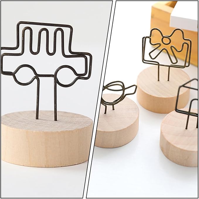 6pcs Wooden Memo Clips with Bowknot, Bird, and Car Designs, Vintage Photo Display Stands for Desktop Organization and Home Office Decoration Random Color