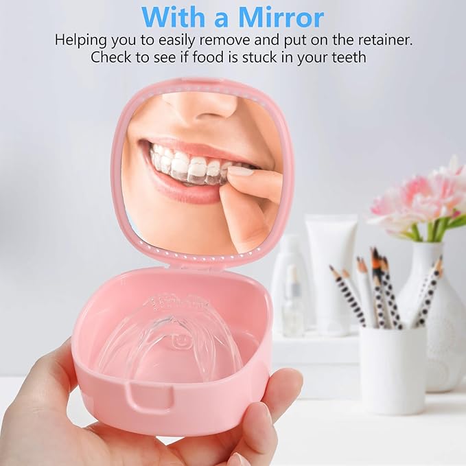 Retainer Case With Mirror and Ventilation Holes - Mouth Guard, Denture, Orthodontic Aligner, Night Guard - Pink