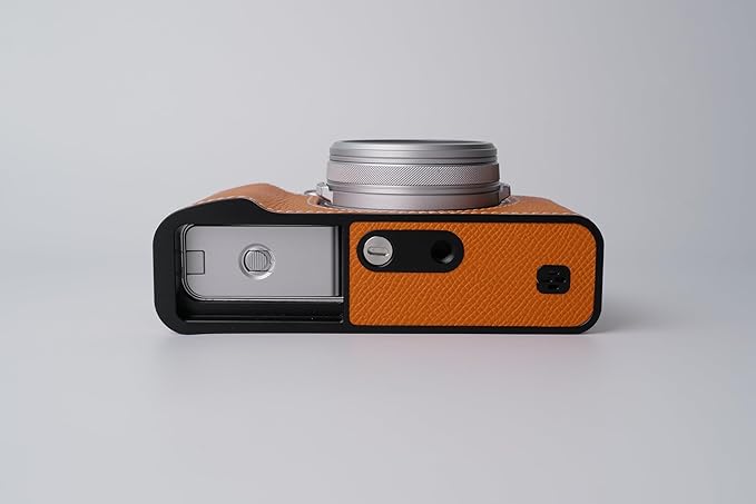 Genuine Leather Camera Half Case for Fujifilm X100VI - Top Layer Cowhide Body + Metal Base Plate - Hand Shank Free Design (Orange)