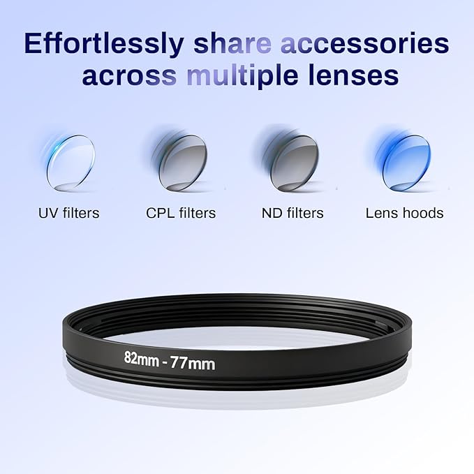 82mm-77mm Step Down Lens Filter Adapter Ring, Camera Lens Filter Metal Stepping Rings Kit Black Compatible 82mm Lens to 77mm UV/ND/CPL Filters Threaded Lens Accessories