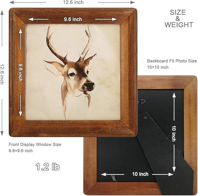 10x10 Wooden Picture Frames, Rustic Square Photo Frame Made of Solid Wood and Plexiglass for Wall Hanging and Table Standing (Brown)