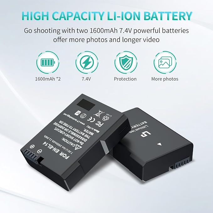 LP EN-EL14 EN EL14a Battery Charger Pack, 2-Pack 1600mAh Battery & Dual Slot Charger, Compatible with Nikon D3100 D3200 D3300 D3400 D3500 D5100 D5200 D5300 D5500 D5600 DF P7000 P7100 P7700 P7800