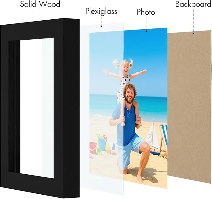 Vittanly 4x6 Picture Frame, Made of Solid Wood and Shatterproof Plexiglass, Wooden Photo Frame for Wall Mounting or Tabletop Display, Picture Frame for Home Decor with Stand, Black, 1 Pack