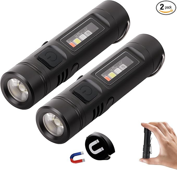 2 Packs Pocket Rechargeable EDC Flashlight, Mini Keychain Light with Magnetic Base and Side Clip, 500 Lumens Rechargeable Keychain Torch with 9 Modes for Camping, Travel (2 Black)