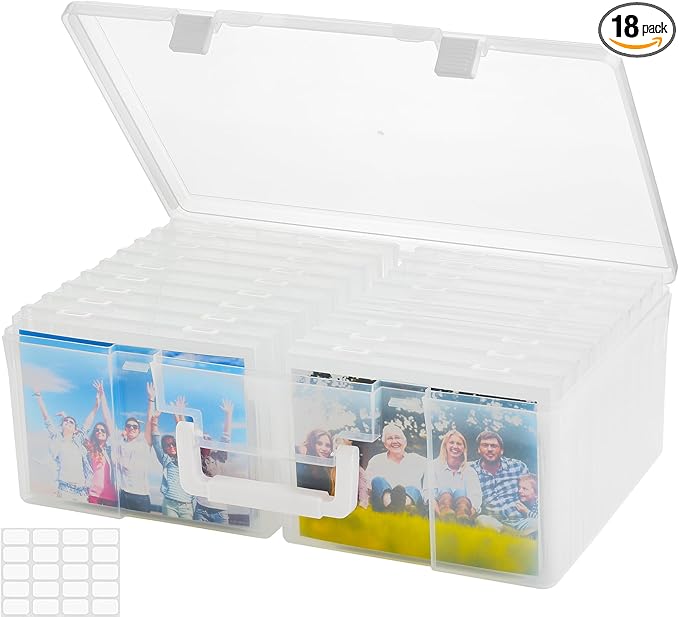 ALINK Photo Storage Box 5" x 7" with Handle, 18 Pcs Clear Photo Containers Organizer and Craft Keeper, Portable Picture Case with Label for Arts, Crafts, Sewing, Stickers, Office Supplies