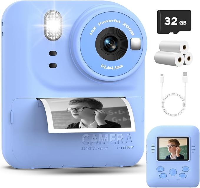 Okaloka Kids Instant Print Camera Toys,1080P HD Toddler Digital Video Camera,Christmas Birthday Gifts for Girls Boys Age 3-12 Year Old - 32G SD Card Included (Blue)
