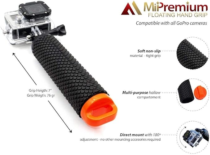 Floating Hand Grip Waterproof Monopod for GoPro Hero 13 12 11 10 9 8 7 6 5 4 3+ Session Black Silver Action Camera Handler & Handle Mount Accessories for Underwater Snorkeling & Water Sports (Orange)