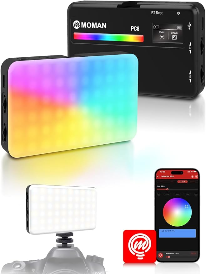 Moman LED Camera Light, RGB Video Lights for Photography, App Wireless Control, 2500-9000K, CRI 95+, Long Battery Life, Portable Lighting Panel with Cold Shoe, Fits for GoPro Sony Canon