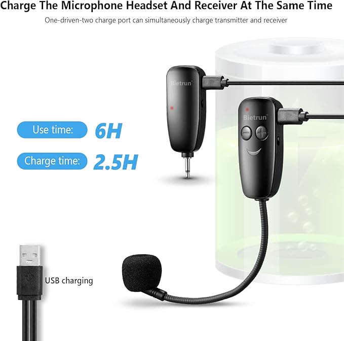 Bietrun Wireless Microphone Headset, UHF Wireless Headset Mic System, 160ft Range,1/8'' and 1/4'' Plug, for Speakers, Voice Amplifier, PA System(Not Supported AUX/iOS)