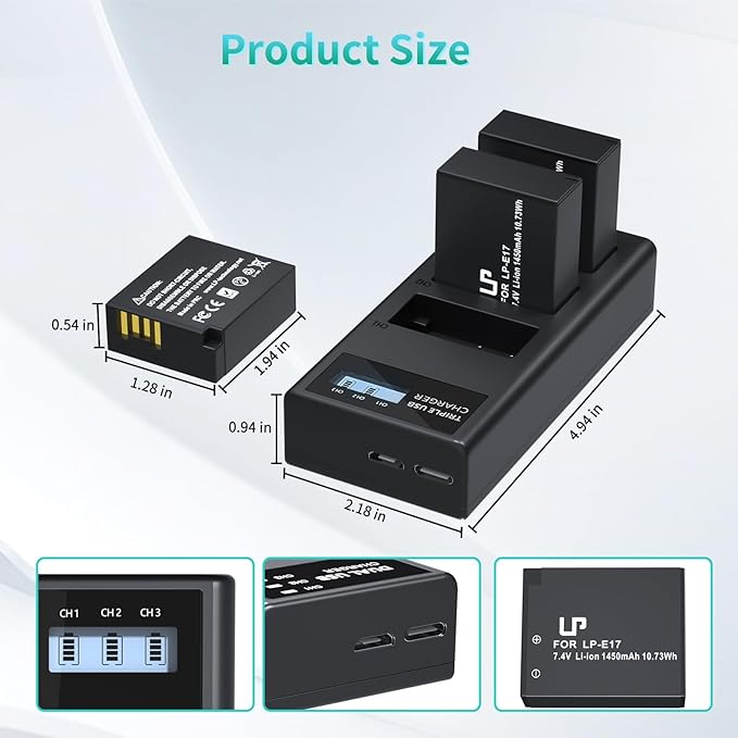 LP LP-E17 Battery and Charger Set, 3-Pack LP E17 1450mAh Battery & Triple Slot Charger for Canon EOS R50 RP R8 R10, Rebel T8i, T7i, T6i, T6s, SL2, SL3, EOS M3, M5, M6, EOS 200D, 77D, 750D, 760D, 800D