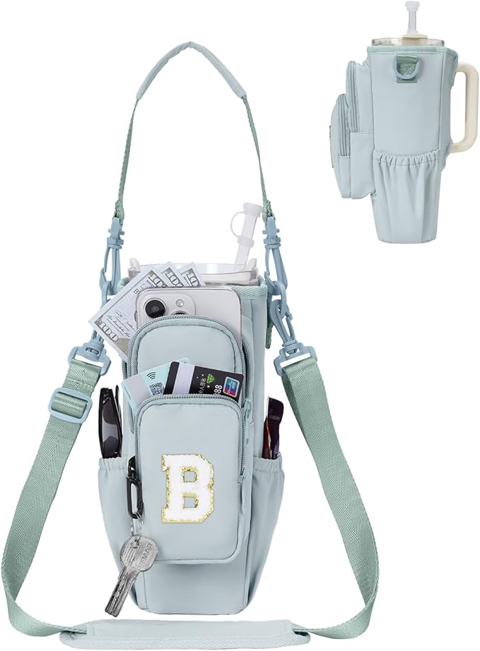 sportsnew Birthday Gifts for Women Personalized Initial Water Bottle Holder with Strap fits most 40oz Tumbler with Handle Water Bottle Carrier Bag with Phone Pocket & Straw Topper Tumbler Accessories