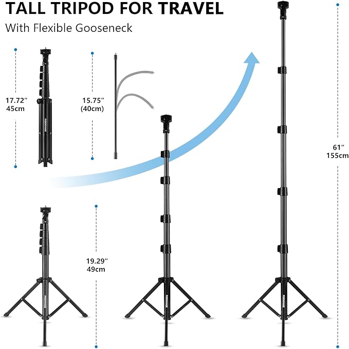 61" Phone Tripod Stand with 15.7" Flexible Gooseneck and Phone Holder, Extendable Cell Phone Stand, Portable Tripod for Photography, Video Recording, Live Stream