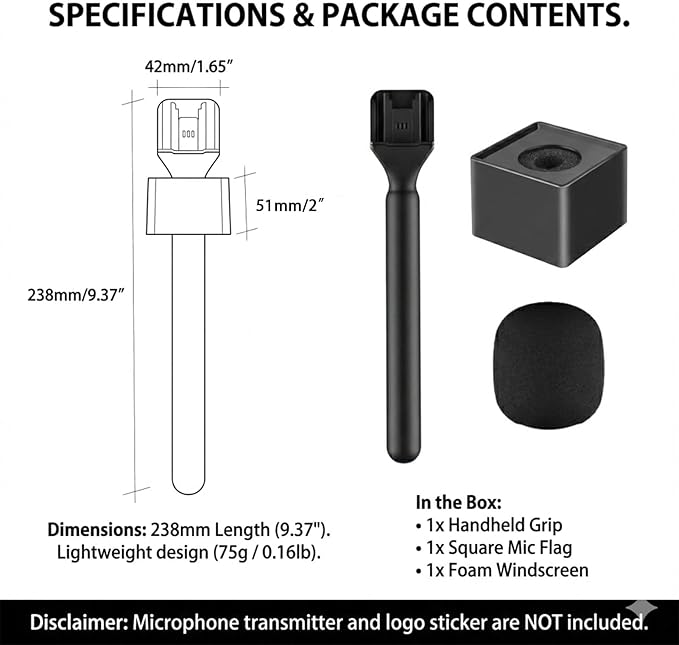 Wireless Microphone Handheld Adapter with Mic Flag & Windshield - Interview Handle Stick Mount for DJI Mic 3/2/Mini/Pocket 3, Rode Wireless GO II, Hollyland Lark - Pro Lavalier Mic Stand Holder