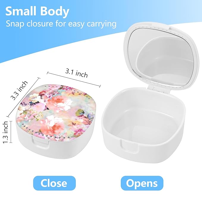 Retainer Case, Denture Case Night Guard Mouth Guard With Mirror and Ventilation Holes,Pink Flower