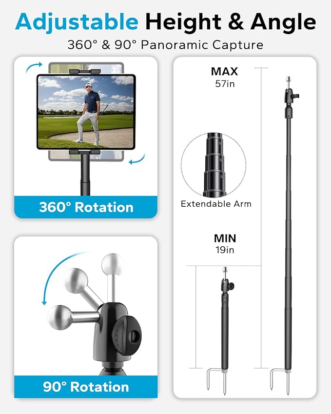 GDZN 57" Golf Monopod Selfie Stick - [Metal Pole] Golf Tablet Holder for Record Swing, Putting, Golf Training Aid, Tablet Tripod Stand Compatible with 4.7-13" iPad Pro/Air/Mini, iPhone, Galaxy