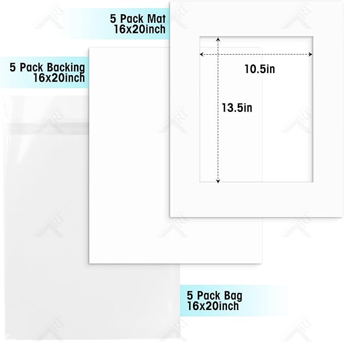 Golden State Art, Acid Free, Pack of 5, 16x20 White Picture Mats Mattes with White Core Bevel Cut for 11x14 Photo + Backing + Bags