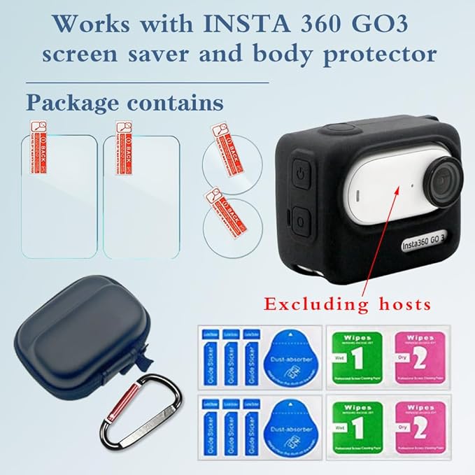 HUADU Silicone Cover Sleeve Compatible for Insta360 GO 3 Action camera,Screen Protector Film Anti-Scratch High Definition and Hard Shell Travel Storage Carrying Case, black