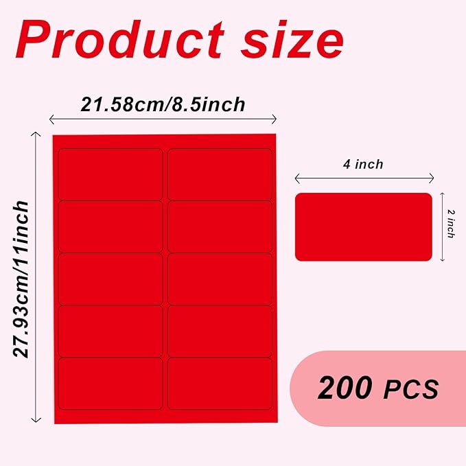 2" x 4" Colored Address Labels, 200 Bright Red Label Stickers- Laser/Ink Jet Printer Mailing Labels, 8.5"x11" 20 per Sheet