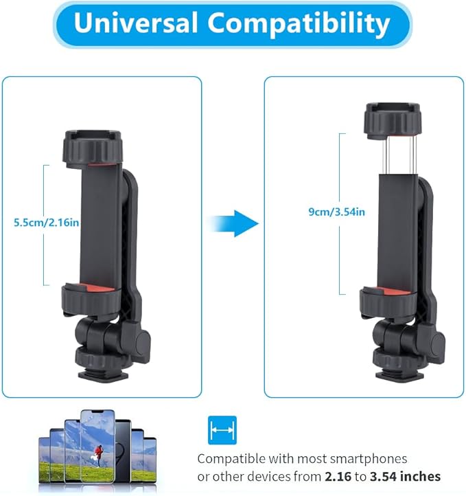 Dual Cold Shoe Phone Mount Holder — Universal Adjustable Smartphone Clamp with Dual Cold Shoe Mounts for Microphone & LED Light, 360° Rotating Ball Head, 1/4"-20 Tripod Screw Compatible