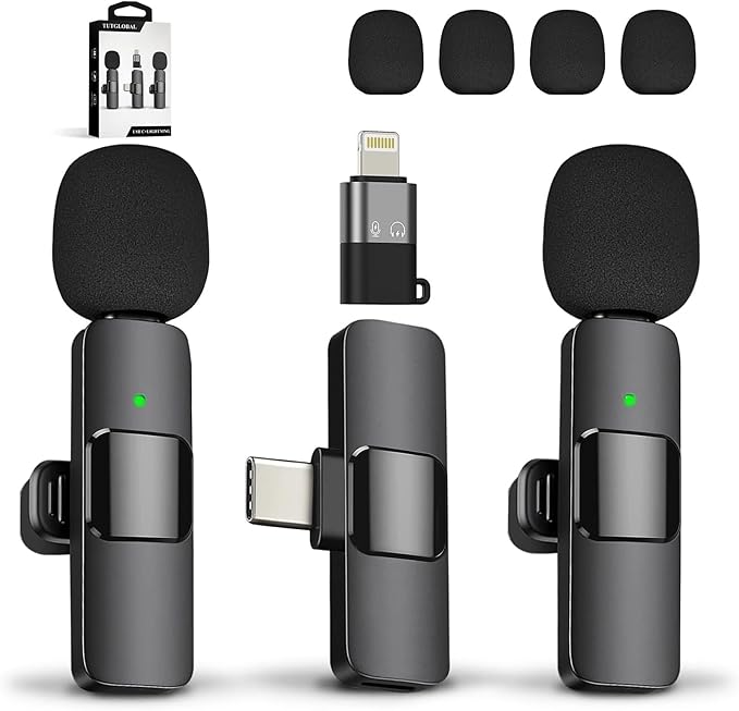 New Mini Wireless Microphone for iPhone iPad Android,Lavalier Microphone for Video Recording,2 Pack iPhone Mic Crystal Clear Recording with USB-C for Podcast Microphone,4 Extra Windscreens