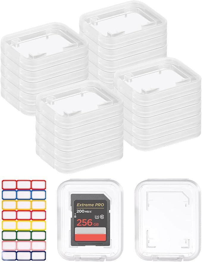 Pineraap 20PCS Clear SD Card Holder, Plastic Memory Card Case with Colorful Label Stickers Standard SDHC SDXC Micro SD Cards Organizer Portable Photography Storage Accessories