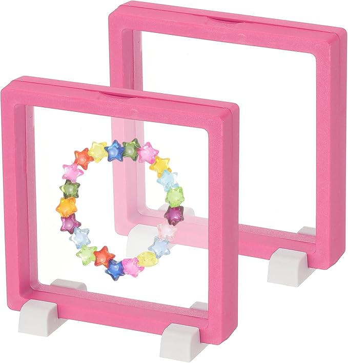 PATIKIL 2Pcs Floating Display Case, 4.3 Inch Jewelry Display Case Stand Challenge Coin Holder Frames Transparent Small Storage Box 3D for Necklace Bracelets Pendants, Rose Red/White