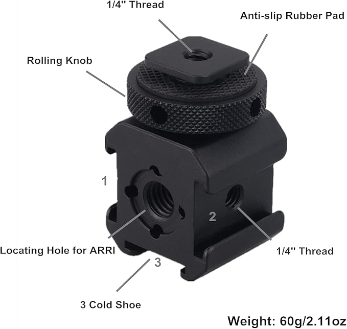 3-Side Cold Shoe Mount Adapter Camera Hot Shoe Bracket for Flash Light, LED Video Light, Microphone, Monitor Mount