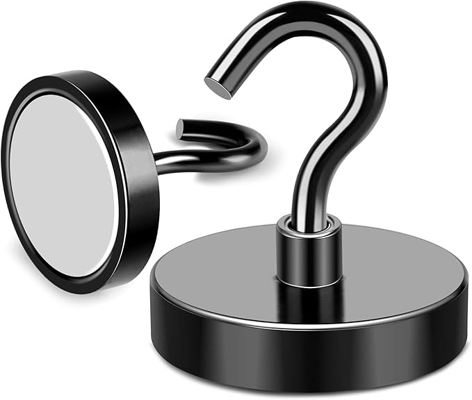 MIKEDE Magnetic Hooks, 170LB Super Strong Magnet Hooks Heavy Duty for Cruise Essentials, Black Neodymium Earth Magnets with Hook for Hanging, Magnetic Metal Hanger for Fridge, Toolbox - 4 Pack