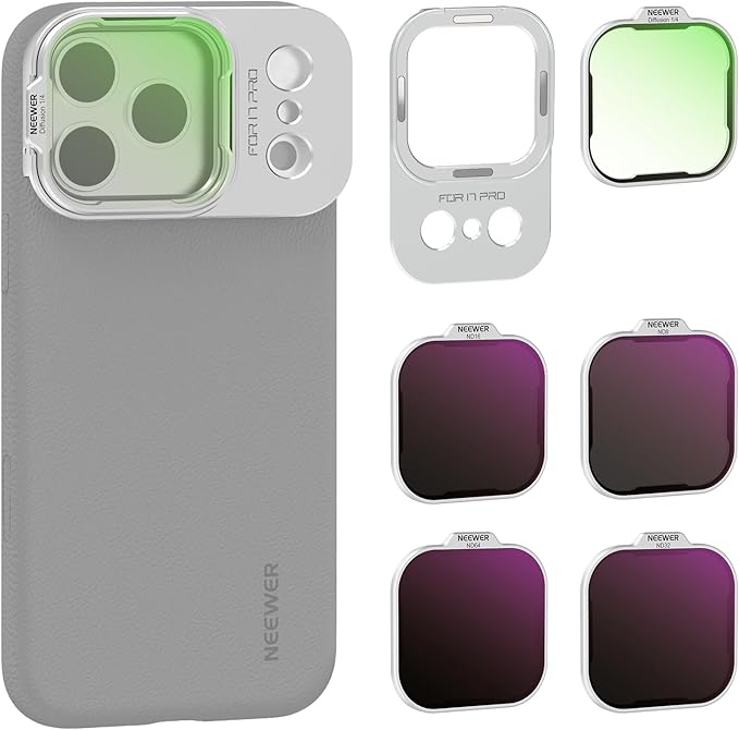 NEEWER ND Filter Set for PA133 Phone Case Only, Neutral Density ND8/16/32/64 + Black Diffusion 1/4 + Magnetic Backplate, Lens Filter Accessories Kit Compatible with iPhone 17 Pro, Silver