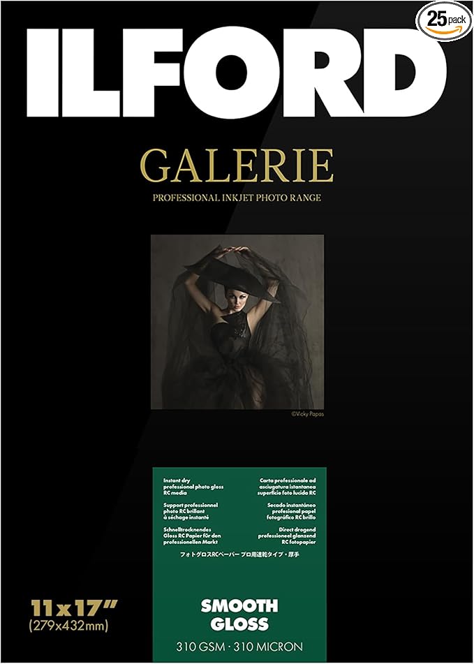 Ilford Galerie 11x17” (25 Sheets) Smooth Gloss Instant Dry Archival Photo Inkjet Paper 12mil / 310gsm for Dye and Pigment Ink Printers, Color and Black and White, Made in Germany
