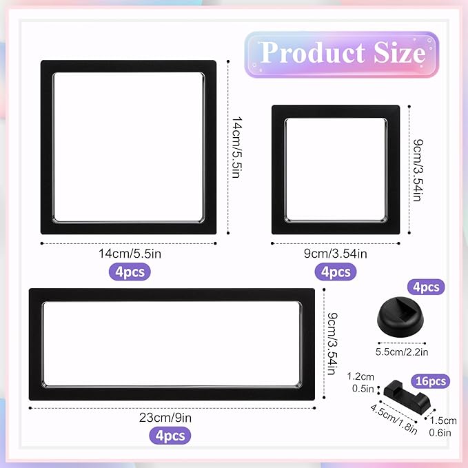 12 Pcs 3D Floating Display Case, 3 Sizes Black Challenge Coin Display Stand Rectangle Clear PE Film Jewelry Frame Holder Stands with Base for Jewelry, Specimen, Rock, Gem, Coin