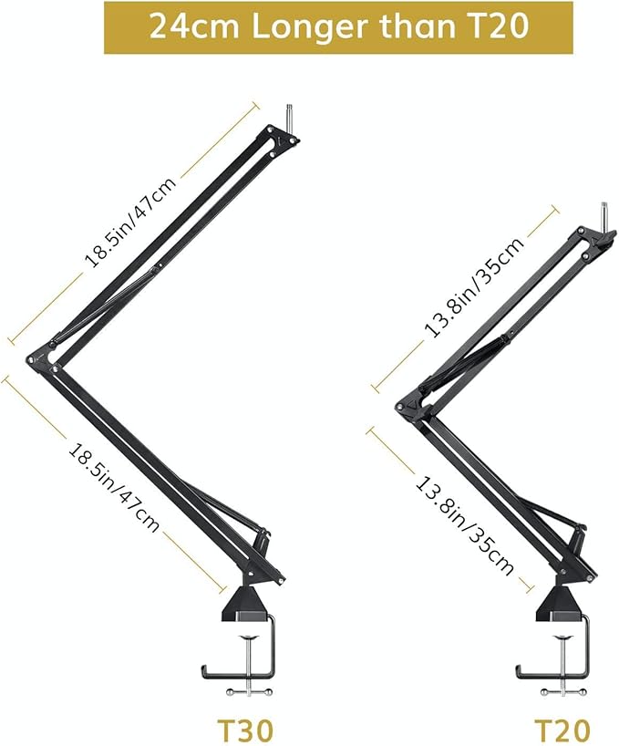 TONOR Microphone Arm Stand, Adjustable Suspension Boom Scissor Mic Stand with Pop Filter, 3/8" to 5/8" Adapter, Excellent Compatibility, Mic Clip, Upgraded Heavy Duty Clamp, 47cm+47cm, T30
