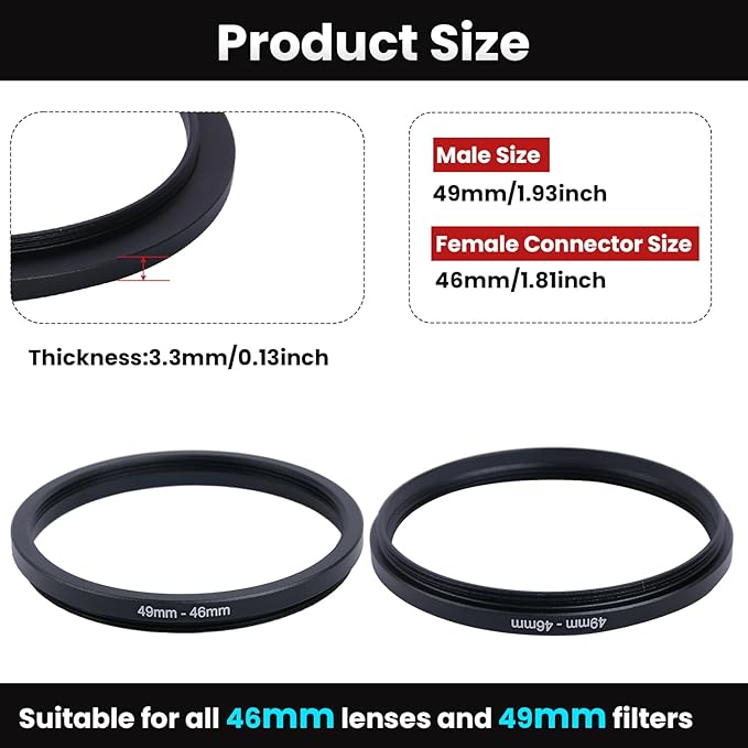 Metal Step Down Ring Filter Adapter - 49mm to 46mm - Metal Ring Step Down Rings Adapter Filter Compatible with All 46mm UV, CPL, ND, Lens Hood, Threaded Lens ect