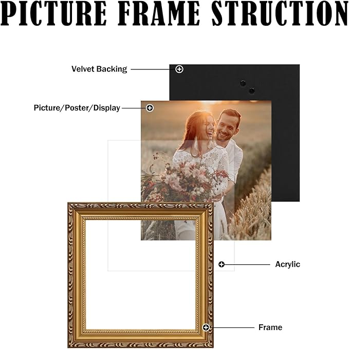 10×10 Picture Frame Gold - Picture Frames for Wall Hanging And Tabletop Display, Ornate Photo Frame for Poster,Vintage Frames,Christmas Frames,with Durable Plexiglass