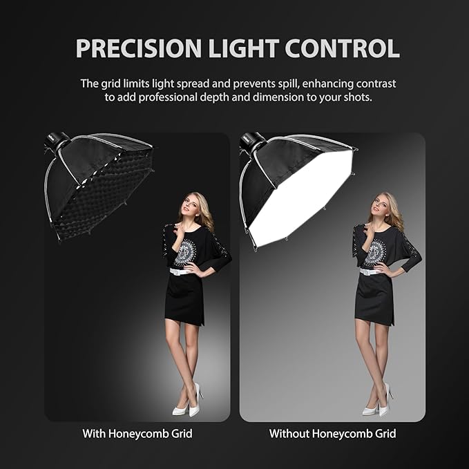 23.6"/60cm Bowens Mount Softbox - Professional Photography Soft Box with Honeycomb Grid, Light Diffusers, Carrying Bag for 120D 600D 300X RC 120D/120B RC 220B MS60B MS60C MS150B S101-300W/400W Pro