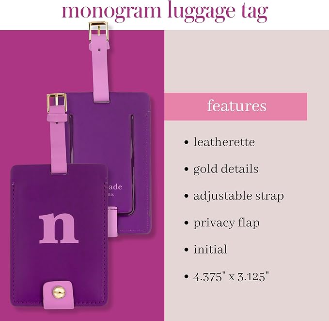 Kate Spade New York Leatherette Luggage Tag with Secure Strap, Colorful Suitcase Identifier for Travel, Monogram Bag Tag ID (N)