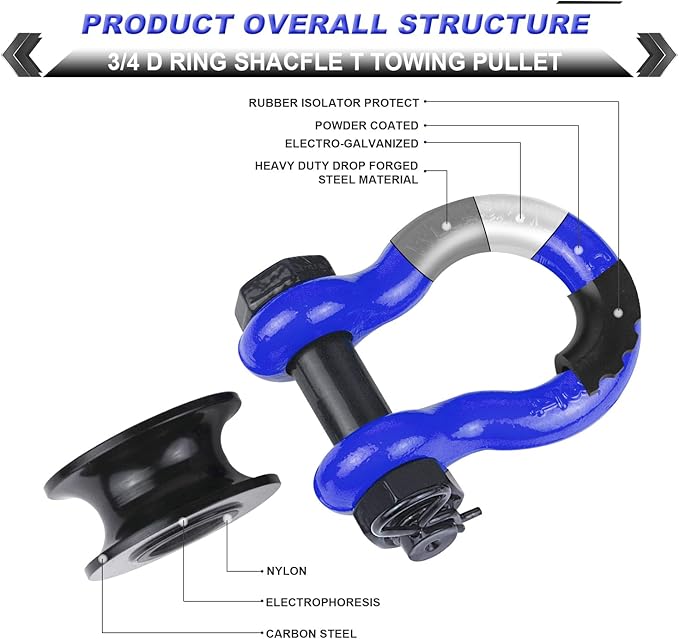 Upgraded Snatch Block, 3/4" D Ring Shackle (2 Pack) 22,000lb Break Strength with Towing Pulley, Heavy Duty Offroad Recovery Accessory for Truck, Tractor, ATV & UTV (Blue)