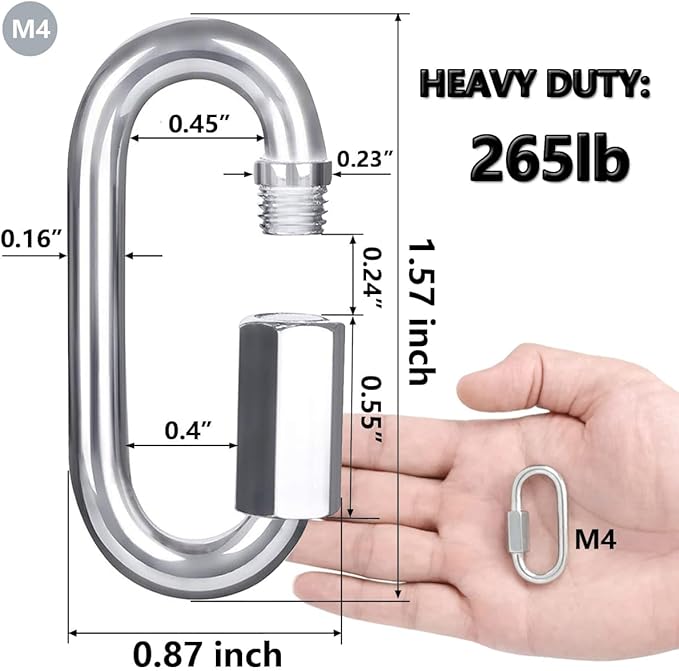 Quick Link, Lsqurel 304 Stainless Steel D Shape Locking Carabiner Heavy Duty Chain Link Keychain for Outdoor Fence Gate Swings Pet Dog M4 M6 M8 M10 Capacity 200lb 600lb 1200lb 2400lb
