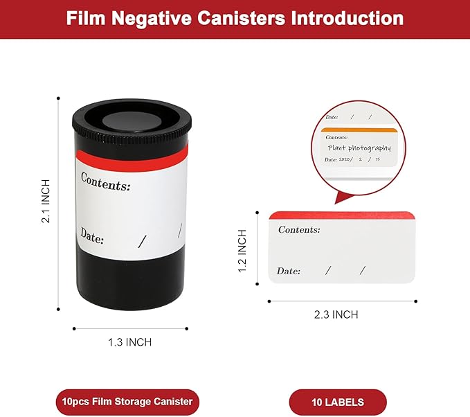 35mm Film Negative Canisters with Caps 10pcs Film Storage Canister Comes with 10 Labels to Record the Subject of the Negatives