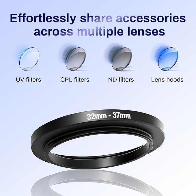 32-37mm Step Up Ring Adapter Filter, Metal Lens Filter Adapter Ring Stepping Rings CNC Machined for DSLR Cameras Fits 32mm Lens to 37mm UV/ND/CPL Filters & Threaded Camera Parts