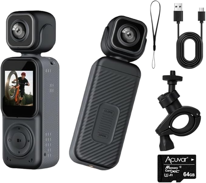 Acuvar 4K Pocket Vlogging Camera with Dual Front & Rear Cameras, 3-Axis Gimbal Stabilizer, Handheld Portable Video Camera with WiFi, Split-Screen LCD, Face Tracking, 270° Rotation & 64GB SD Card