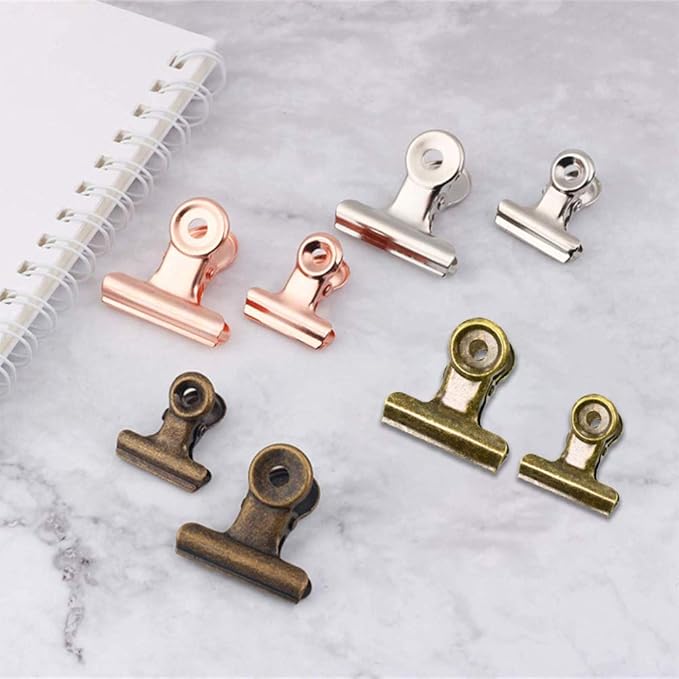 YUCHIYA 20 Pack Metal Clips with 20 Push-pins for Corkboard,Bulldog Clips for Hanging Pictures,Small Hinge Clips for Crafts,Mini Binder Clips Paper File Clamps for Office School(Bronze,1.2inch)