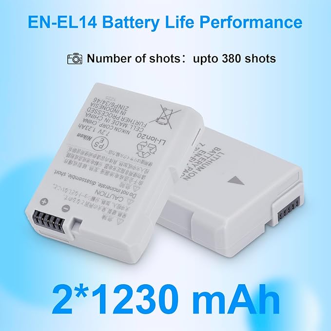 EN-EL14 EN-EL14A Battery 2 Pack 1230mAh with MH 24 Quick Charger for Nikon D3100 D3200 D3300 D3400 D3500 D5100 D5200 D5300 D5500 D5600 P7000 P7100 P7700 P7800 Camera Power Supply Cord