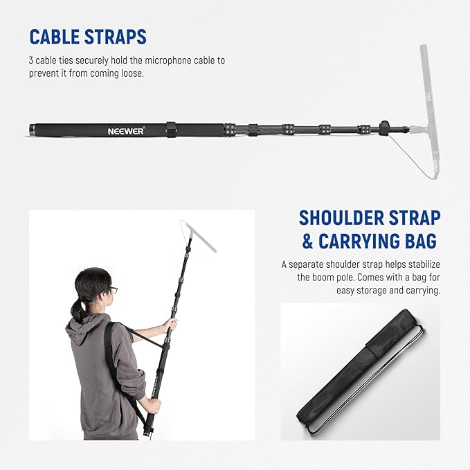 NEEWER Upgraded Microphone Boom Pole, 9.8ft/300cm Telescopic Carbon Fiber Mic Boom Arm with 5 Sections, 1/4" 3/8" 5/8" Screw Adapters, Cable Straps, Shoulder Strap & Storage Bag, MS-300CB (Black)