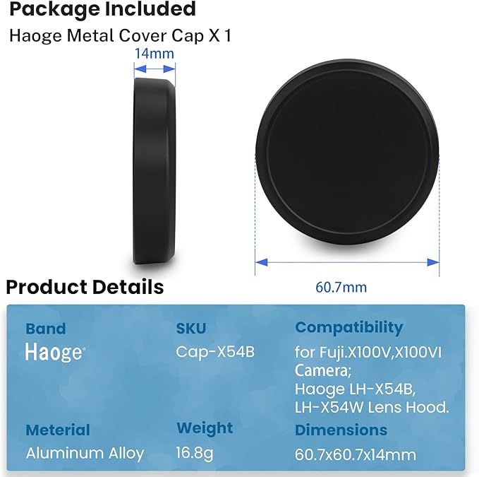 Haoge Cap-X54B Metal Lens Cap for Fujifilm X100VI Fuji X100V Camera Accessories Black Compatible with Haoge LH-X54B Lens Hood