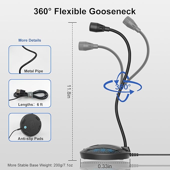 Plug & Play USB Computer Microphone, Flexible Gooseneck Desk Microphone for Podcasting, Streaming, Conference, Noise Canceling Microphone with Mute Button LED for PC/Mac