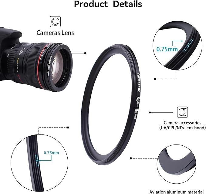 62mm Lens to 58mm Camera Lens Adapter,62mm to 58mm Filter Step up Ring Adapter Ring,Compatible All 58mm Filter Accessory