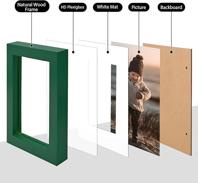 KINLINK 4x6 Frame Green, Solid Wood 4 x 6 Picture Frame with Acrylic Plexiglass for 3.5x5 with Mat, Tabletop and Wall Display Photo Frames 4x6 Green, 4 Pack